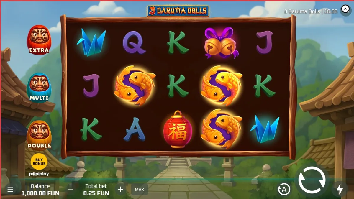 Interface do jogo 3 Daruma Dolls com bonecos temáticos e rolos orientais