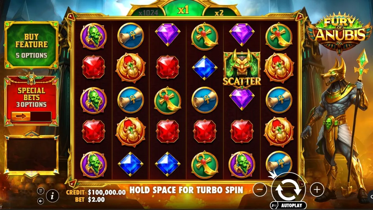 Interface do jogo Fury of Anubis com temática egípcia e símbolos dourados